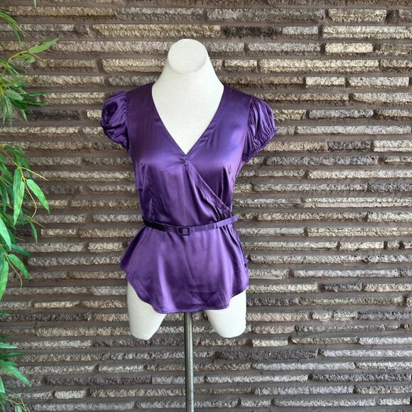 INC International Concepts Purple Stretch Silk Puffy Sleeve Faux Wrap Blouse - Picture 11 of 11